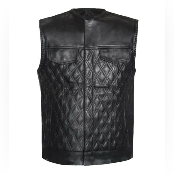 MEN PADDED HUNT CLUB STYLE BLACK STITCHED MOTORCYCLE CONCEAL CARRY LEATHER VEST - Picture 2 of 7